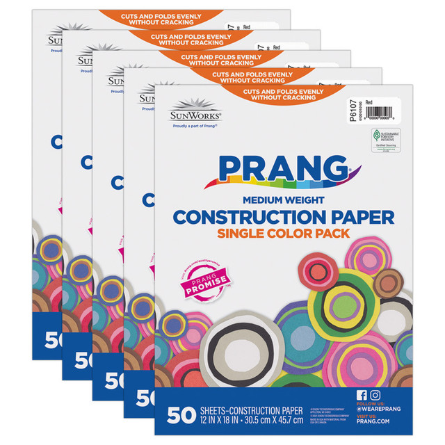 DIXON TICONDEROGA CO Prang® Construction Paper, Medium Weight, Red, 12" x 18", 50 Sheets Per Pack, 5 Packs