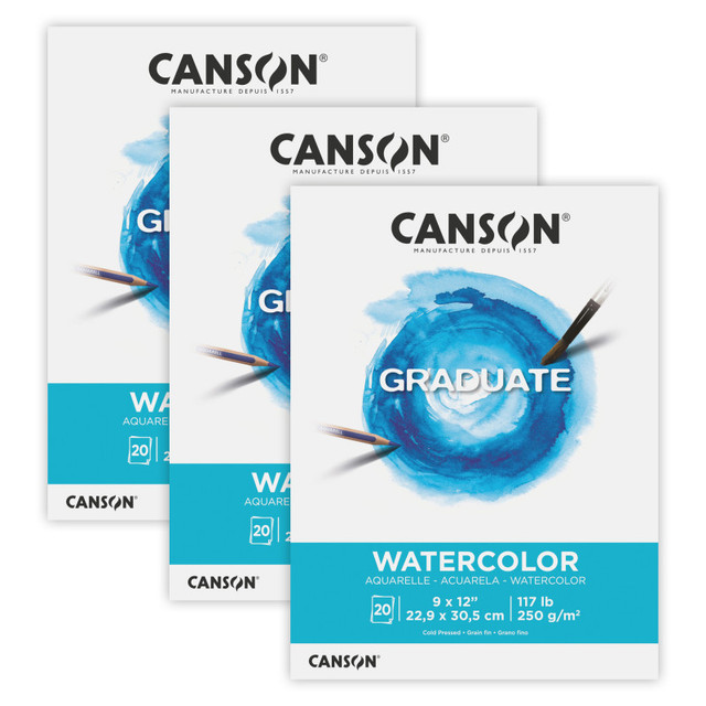 DIXON FINE ART Canson Graduate Watercolor Pad, Foldover Binding, 20 Sheet, 9x12 inch, Pack of 3