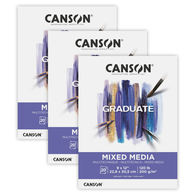 DIXON FINE ART Canson Graduate Mixed Media Pad, Foldover Binding, 20 Sheet, 9x12 inch, Pack of 3