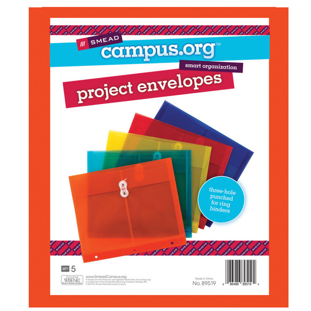 SMEAD MANUFACTURING COMPANY Smead® Project Envelope, 1-1/4" Expansion, String-Tie Closure, Side Load, Letter Size, Pack of 5