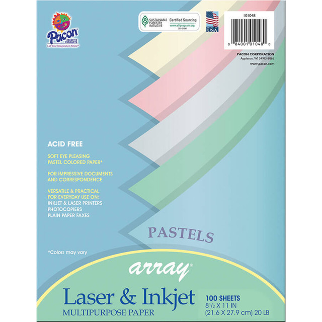DIXON TICONDEROGA CO Pacon® Pastel Multi-Purpose Paper, 5 Assorted Colors, 20 lb., 8-1/2" x 11", 100 Sheets