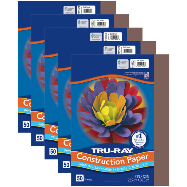 DIXON TICONDEROGA CO Tru-Ray® Construction Paper, Heavyweight, Dark Brown, 9" x 12", 50 Sheets Per Pack, 5 Packs