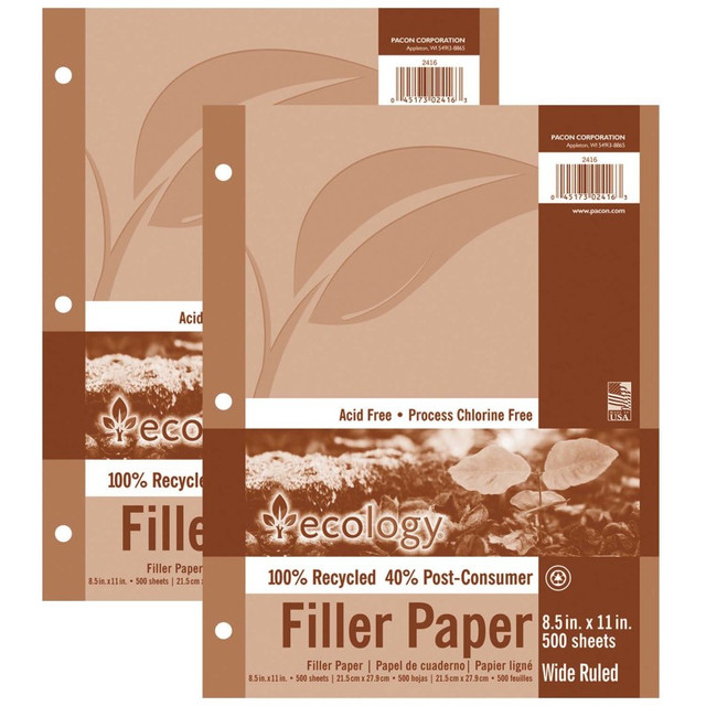 DIXON TICONDEROGA CO Ecology® Recycled Filler Paper, White, 3-Hole Punched, 3/8" Ruled w/ Margin 8-1/2" x 11", 500 Sheets Per Pack, 2 Packs