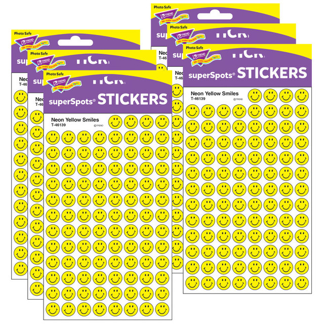 TREND ENTERPRISES INC. TREND Neon Yellow Smiles superSpots® Stickers, 800 Per Pack, 6 Packs