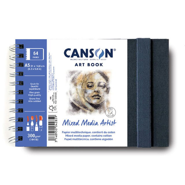 DIXON FINE ART Canson Artist Series Mixed Media Art Book, Fabric Cover, Side Wire Binding, 56 Sheet, 8.3x5.8 inch