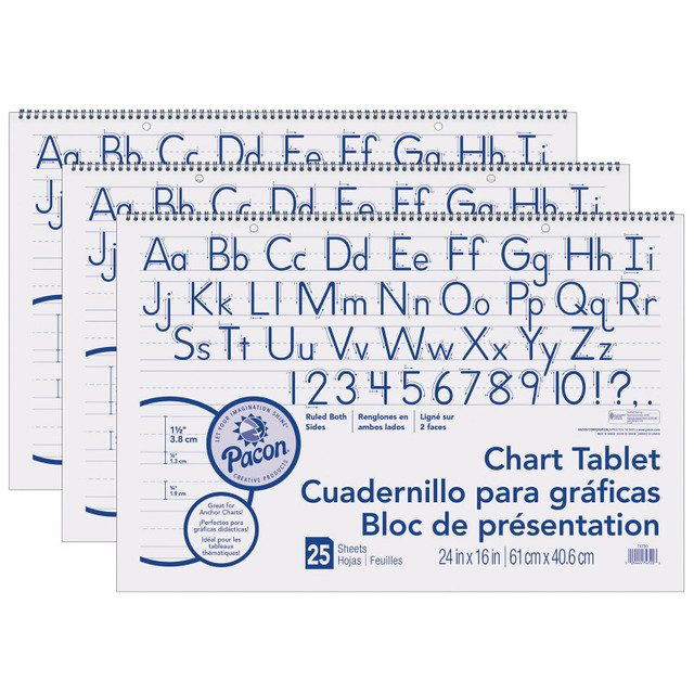 DIXON TICONDEROGA CO Pacon® Chart Tablet, Manuscript Cover, 1-1/2" Ruled, 24" x 16", 25 Sheets, Pack of 3
