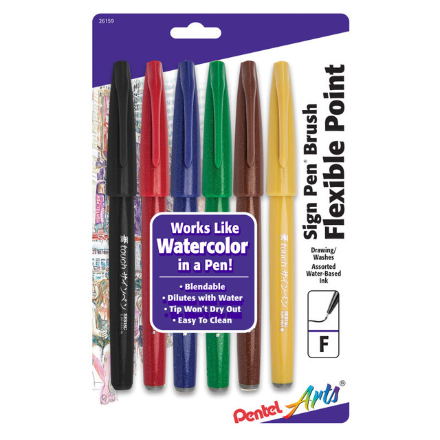 PENTEL OF AMERICA Pentel Arts Sign Pen Brush Tip, Assorted Colors, 6-Pack