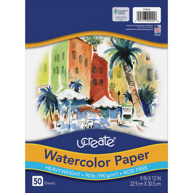 DIXON TICONDEROGA CO UCreate® Watercolor Paper, White, 90lb., 9" x 12", 50 Sheets