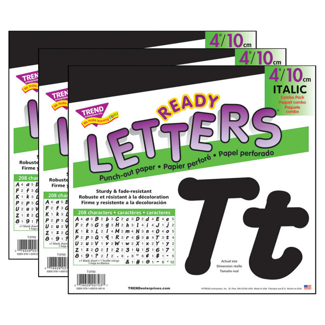 TREND ENTERPRISES INC. TREND Black 4-Inch Italic Uppercase/Lowercase Combo Pack (EN/SP) Ready Letters®, 193 Per Pack, 3 Packs