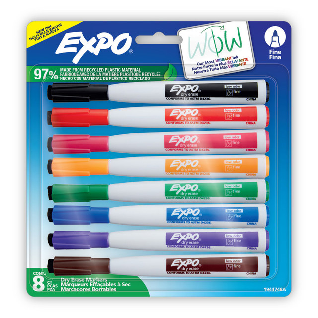 NEWELL BRANDS DISTRIBUTION LLC EXPO® Magnetic Dry Erase Markers with Eraser, Fine Tip, Assorted Colors, 8-Count