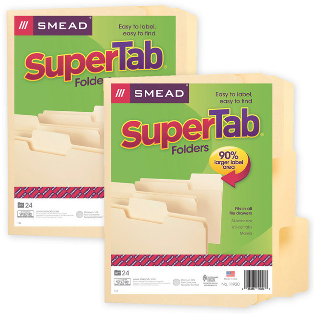 SMEAD MANUFACTURING COMPANY Smead® SuperTab® File Folder, Oversized 1/3-Cut Tab, Letter Size, Manila, 24 Per Pack, 2 Packs