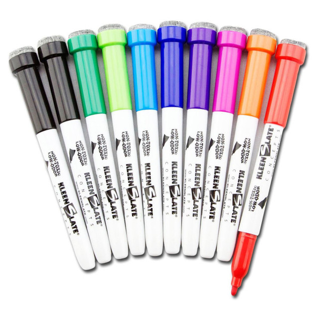 KLEENSLATE CONCEPTS LP KleenSlate® Dry Erase Student Markers with Erasers, Fine Point, Assorted Colors, Pack of 10