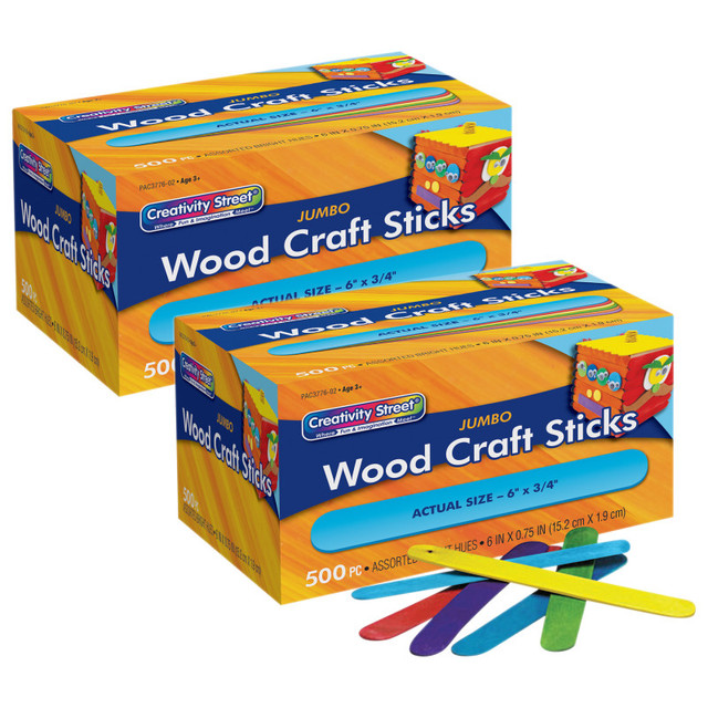 DIXON TICONDEROGA CO Creativity Street® Jumbo Craft Sticks, Bright Hues Assorted, 6" x 0.75", 500 Pieces Per Pack, 2 Packs