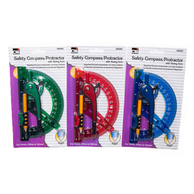 ADVANTUS Charles Leonard Compass Safety and 6" Swing Arm Protractor, Assorted Colors, Pack of 12