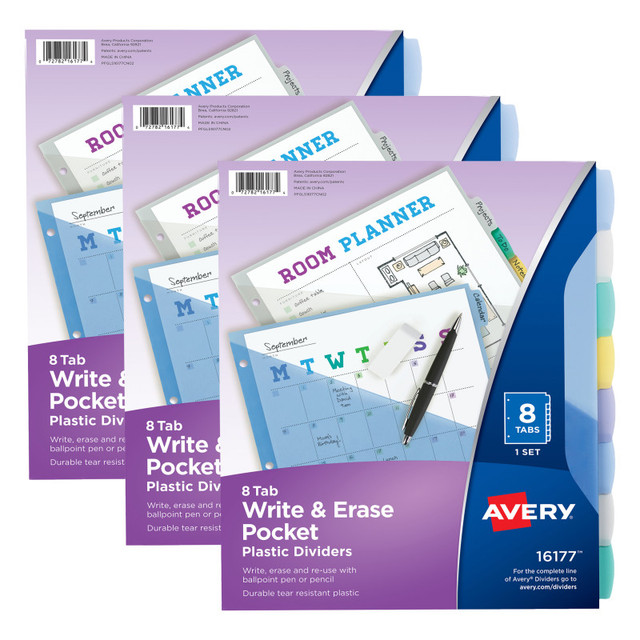 AVERY PRODUCTS CORP Avery® Write & Erase Pocket Plastic Dividers, 8-Tab Set, Multicolor, 3 Sets