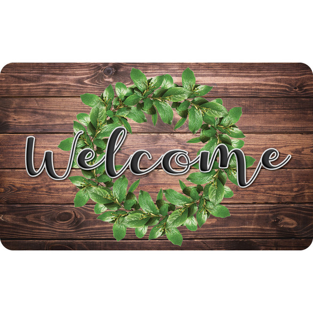 ASHLEY PRODUCTIONS Ashley Productions® The Original Fun Mat™, Welcome Mat, 18" x 30", Green Wreath on Wood Welcome
