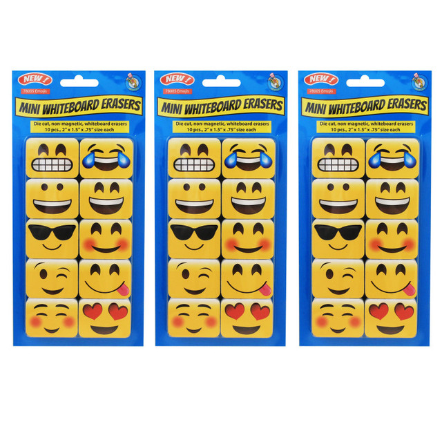ASHLEY PRODUCTIONS Ashley Productions® Non-Magnetic Mini Whiteboard Erasers, Emotions Icons, 10 Per Pack, 3 Packs