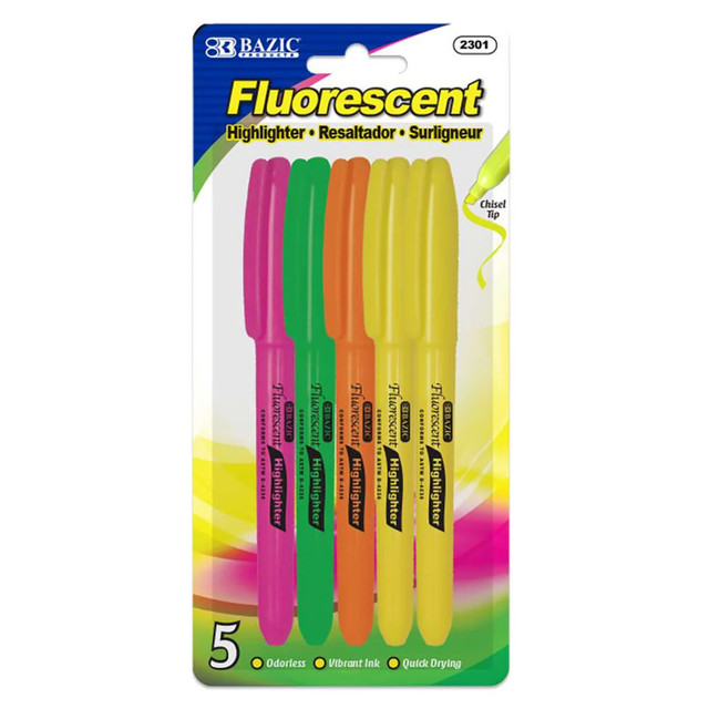 BAZIC PRODUCTS BAZIC Products® Pen Style Fluorescent Highlighters with Pocket Clip, Pack of 5