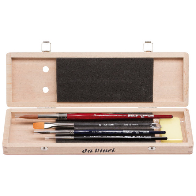 GREGORY DANIELS FINE ARTS INC da Vinci Watercolor Brush Set, Watercolor, Assorted, 4 Brush Set in Wooden Box with Soap