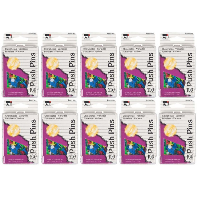 ADVANTUS Charles Leonard Push Pins, Assorted Colors, 100 Per Box, 10 Boxes