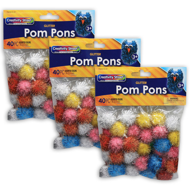 DIXON TICONDEROGA CO Creativity Street® Glitter Pom Pons, Assorted Colors, 1", 40 Pieces Per Pack, 3 Pack