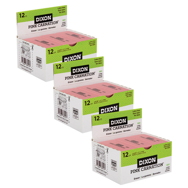 DIXON TICONDEROGA CO Dixon® Pink Carnation Erasers, Large, 2-9/16 x 1 x 7/16, 12 Per Pack, 3 Packs