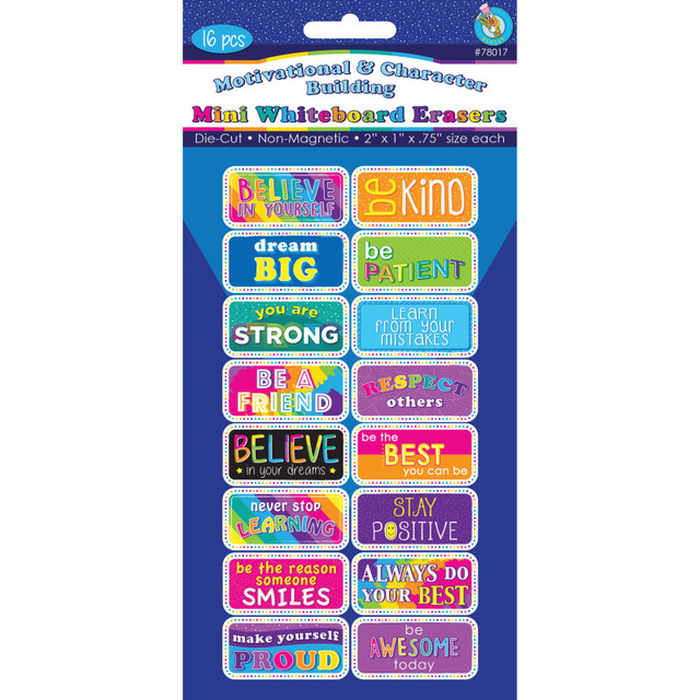ASHLEY PRODUCTIONS Ashley Productions® Non-Magnetic Mini Whiteboard Erasers, Motivational/Character Building, Pack of 16