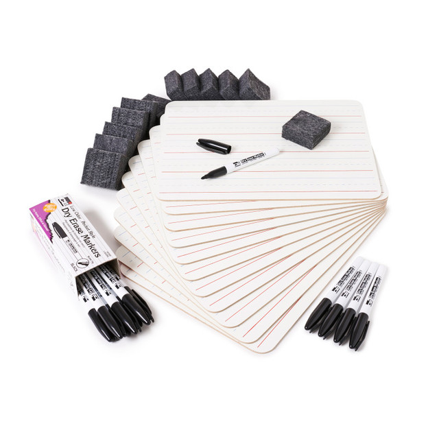 ADVANTUS Charles Leonard Dry Erase Classpack, Plain/Primary Lined 2-Sided Boards, Markers & Erasers, Pack of 12