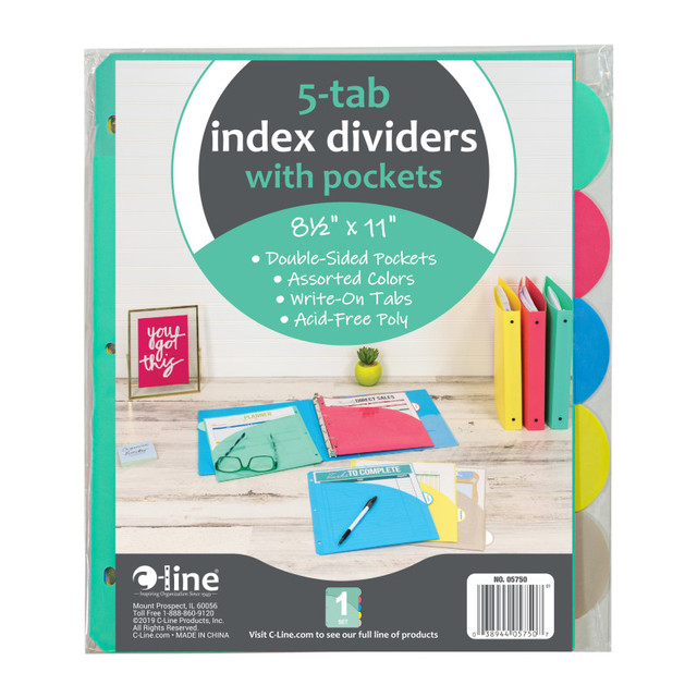 C-LINE PRODUCTS INC C-Line® 5-Tab Poly Index Dividers w/Slant Pocket, Asstd Colors
