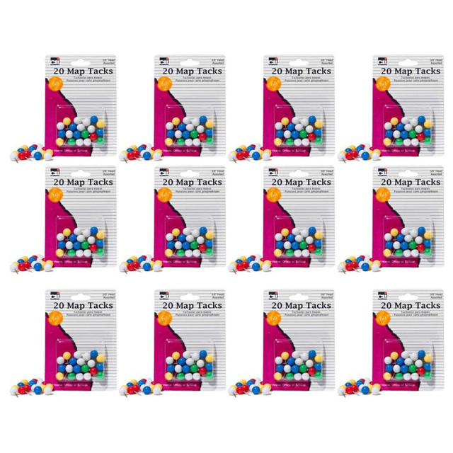 ADVANTUS Charles Leonard Map Tacks, 3/8 Inch Head, Assorted Colors, 20 Per Pack, 12 Packs