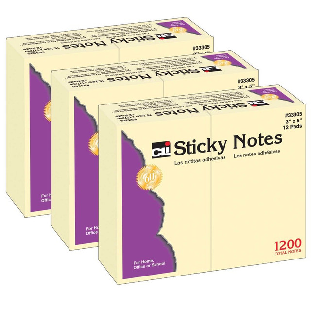 ADVANTUS Charles Leonard Sticky Note Pads, 3" x 5" Plain, 12 Per Pack, 3 Packs