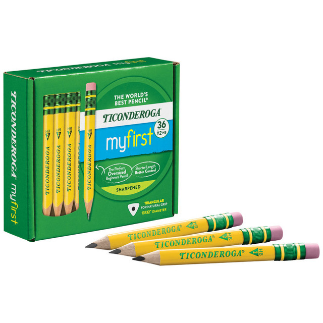 DIXON TICONDEROGA CO Ticonderoga® My First® Short Wooden Pencils, Large Triangle Barrel, Sharpened, #2 HB Soft, With Eraser, Yellow, 36 Count