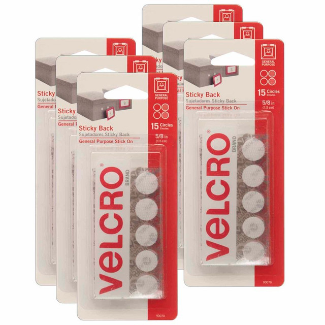 VELCRO USA VELCRO® Sticky Back™ Round Fasteners, 0.63", White, 15 Per Pack, 6 Packs