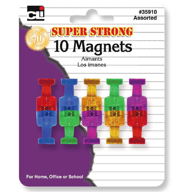 ADVANTUS Charles Leonard Push Pin Style Magnets, Super Strong, Assorted Colors, Pack of 10
