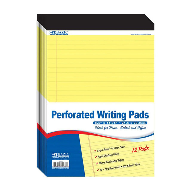 BAZIC PRODUCTS BAZIC Products® Perforated Writing Pads, 8.5" x 11.75", Canary, 50 Sheets, Pack of 12