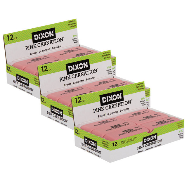 DIXON TICONDEROGA CO Dixon® Pink Carnation Erasers, Medium, 2-5/16 x 13/16 x 7/17, 12 Per Pack, 3 Packs