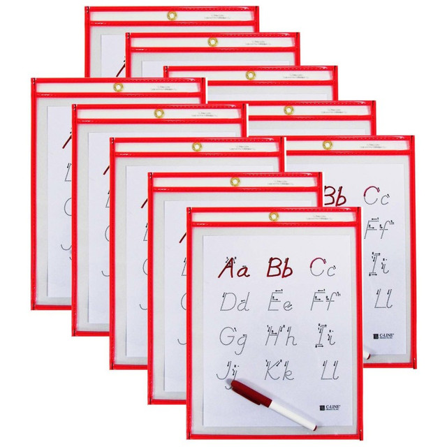 C-LINE PRODUCTS INC C-Line® Reusable Dry Erase Pocket - Study Aid, Neon Red, 9" x 12", Pack of 10