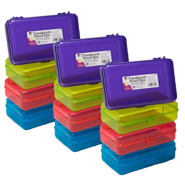 ADVANTUS Charles Leonard Translucent Pencil Boxes, Assorted Colors, Pack of 12
