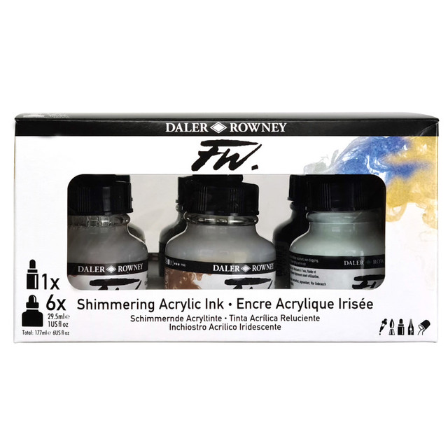 DIXON FINE ART Daler-Rowney FW Acrylic Ink Shimmering Set with Empty Marker, Assorted Colors, 29.5ml, 6 Pieces