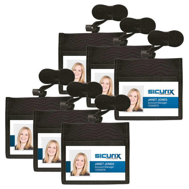 BAUMGARTENS INC SICURIX ID Neck Pouch Badge Holder, Horizontal, Adjustable Cord, 4" x 2-1/4" Insert, Black, Pack of 6