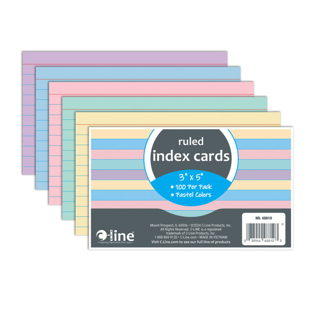 C-LINE PRODUCTS INC C-Line® Index Cards, 3" x 5", Assorted Colors, Ruled, Pack of 100