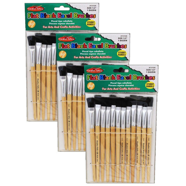ADVANTUS Charles Leonard Flat Tip Easel Paint Brushes, Short Stubby Handle, 0.50 Inch, Natural Handles, Black Bristles, 12 Per Pack, 3 Packs