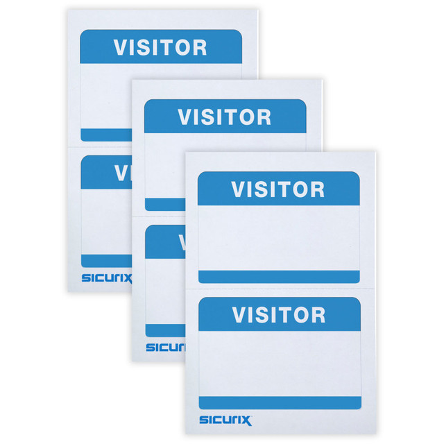 BAUMGARTENS INC SICURIX Visitor Adhesive Badges, Blue, 100 Per Pack, 3 Packs