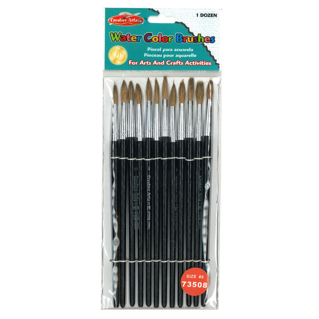 ADVANTUS Charles Leonard Water Color Paint Brushes with Round Pointed Tip, # 8, 0.81 Inch, Camel Hair, Black Handle, Pack of 12