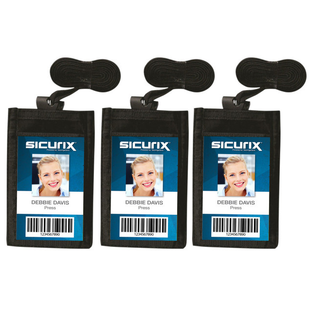 BAUMGARTENS INC SICURIX ID Neck Pouch Badge Holder, Vertical, Adjustable Cord, 4" x 2-1/4" Insert, Black, Pack of 3