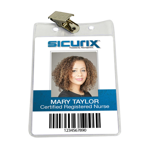 BAUMGARTENS INC SICURIX Vinyl Badge Holder with Clip, Vertical, 4" x 3", Pack of 50