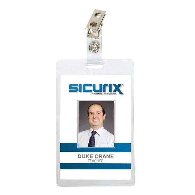 BAUMGARTENS INC SICURIX Self Laminating Badge Holders with Clip, Vertical, Clear, Pack of 25