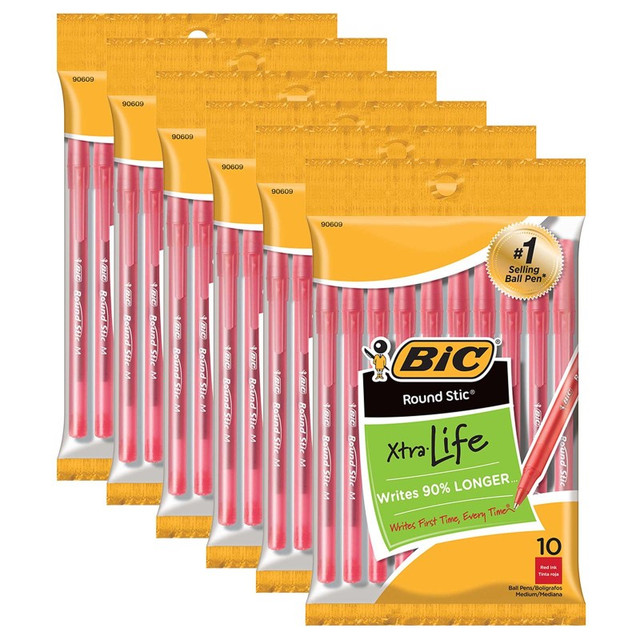 BIC USA INC BIC® Round Stic® Xtra Life Ballpoint Pen, Medium Point (1.0mm), Red, 10 Per Pack, 6 Packs