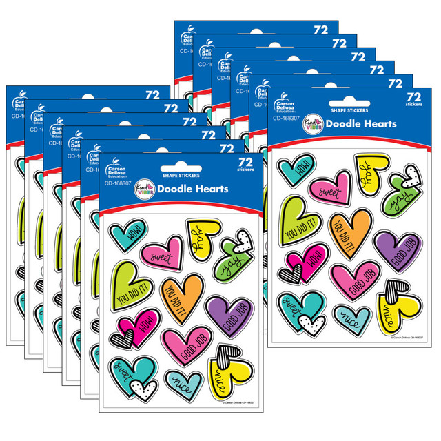 CARSON DELLOSA EDUCATION Carson Dellosa Education Kind Vibes Doodle Hearts Shape Stickers, 72 Per Pack, 12 Packs