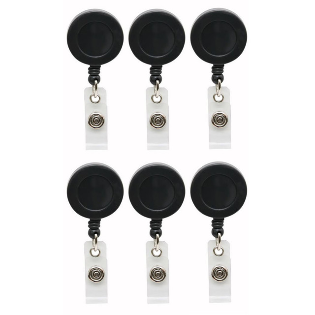 BAUMGARTENS INC SICURIX Standard Round ID Badge Reel with Belt Clip, Black, Pack of 6